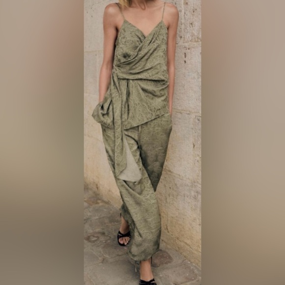 Zara (Set)Collection Olive Green Jacquard Draped Top and Pant Size S - Picture 1 of 16
